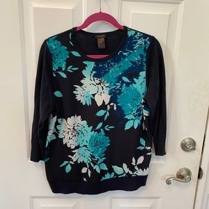 Navy blue and teal 3/4 sleeve sweater top.